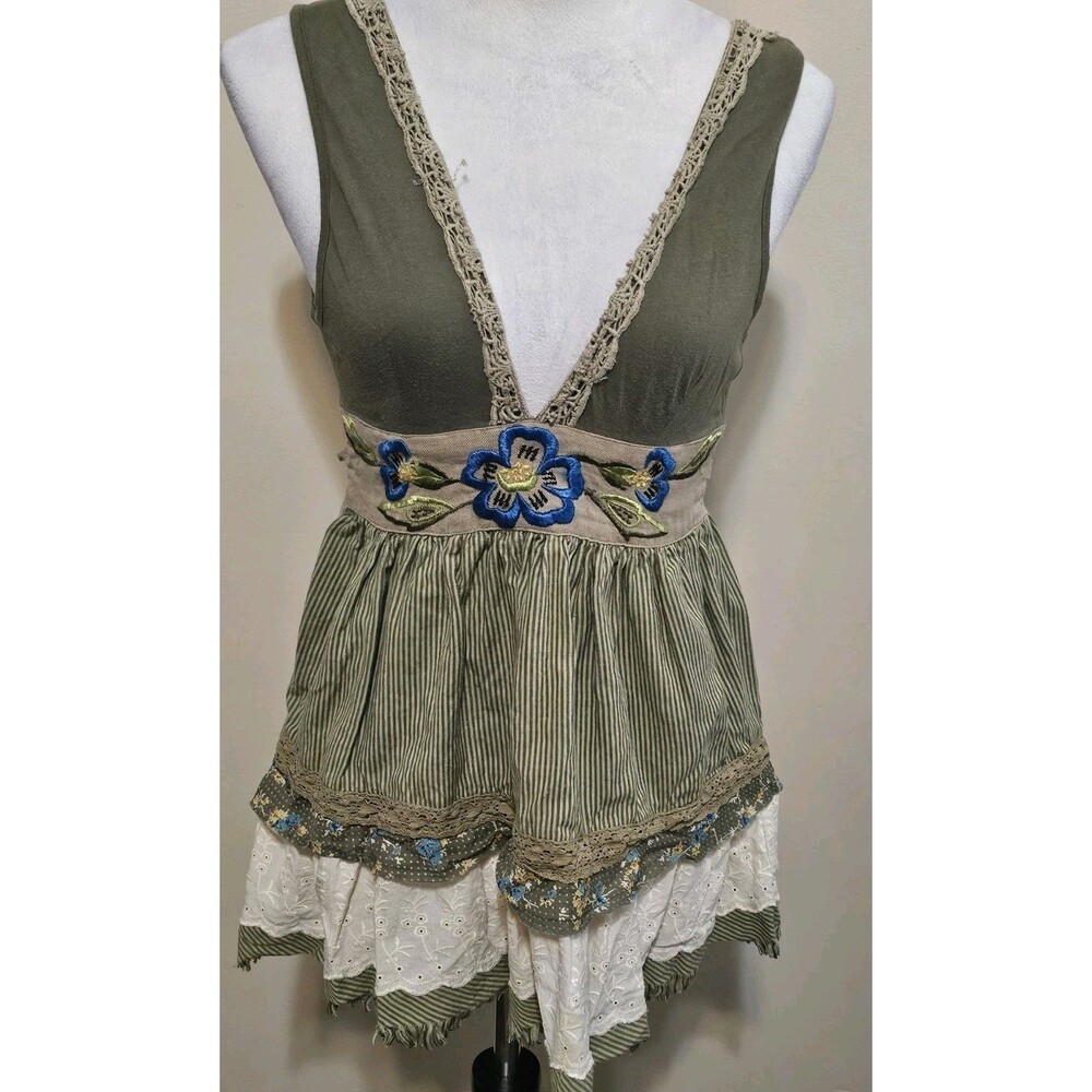 Free People Boho Floral Embroidered Tiered Babydoll Top Green Y2KRetro  Size S